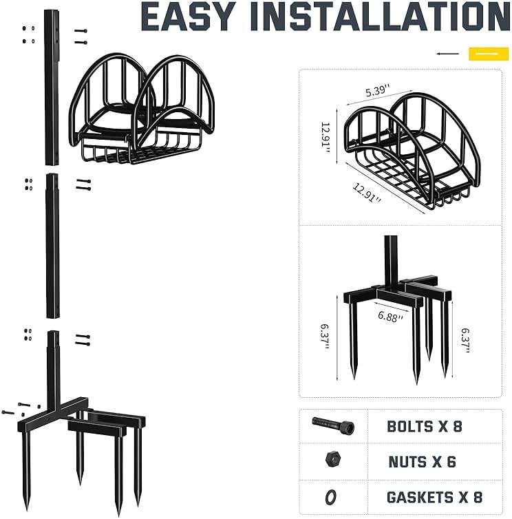 Kesfitt Garden Hose Holder Stand with Tool Storage Basket & 4 Spikes, Detachable Heavy Duty Metal Freestanding Outdoor Organizer for Lawn Yard Water Storage Rack - Image 3