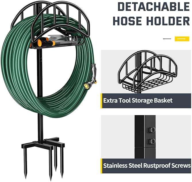 Kesfitt Garden Hose Holder Stand with Tool Storage Basket & 4 Spikes, Detachable Heavy Duty Metal Freestanding Outdoor Organizer for Lawn Yard Water Storage Rack - Image 5