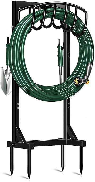 Kesfitt Garden Hose Holder Stand with 4 Spikes & 2 Tool Hooks, Detachable Heavy Duty Metal Freestanding Hose Reel Outdoor Organizer for Lawn Yard Water Storage Rack - Image 1