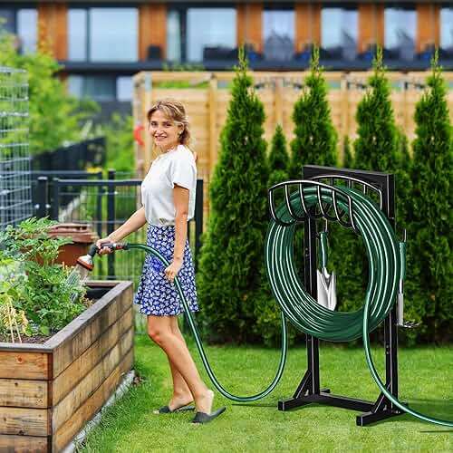 Kesfitt Garden Hose Holder Stand with 4 Spikes & 2 Tool Hooks, Detachable Heavy Duty Metal Freestanding Hose Reel Outdoor Organizer for Lawn Yard Water Storage Rack - Image 2