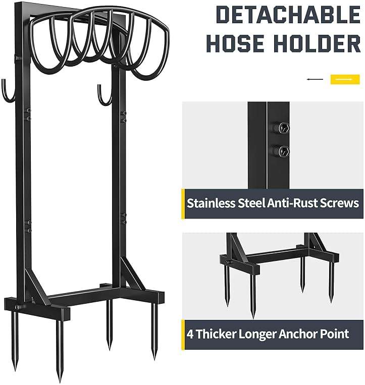 Kesfitt Garden Hose Holder Stand with 4 Spikes & 2 Tool Hooks, Detachable Heavy Duty Metal Freestanding Hose Reel Outdoor Organizer for Lawn Yard Water Storage Rack - Image 5