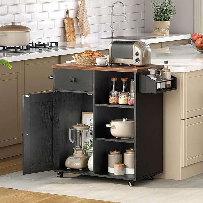 HOOBRO Kitchen Island, Storage Cabinet with Drawer, Kitchen Cart with Spice and Towel Rack, Saving Space, Easy Assembly, for Living Room, Rustic Brown and Black FB12ZD01 - Image 2