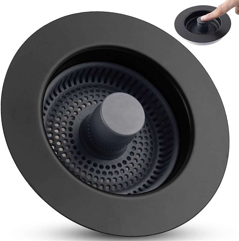 Universal 3 in 1 Kitchen Sink Drain Strainer Stopper Combo, Black Stainless Steel Shell Pop Up Sink Stopper for US Standard 3-1/2 inch Drain Filter, Anti-Clog and Easy Clean, Matte Black - Image 1