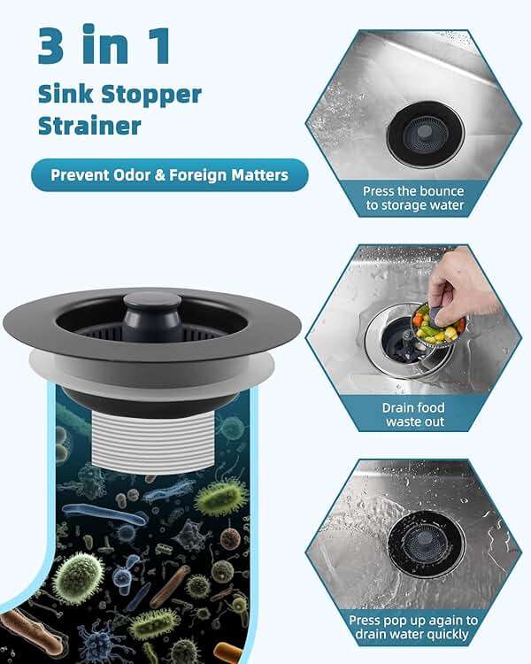 Universal 3 in 1 Kitchen Sink Drain Strainer Stopper Combo, Black Stainless Steel Shell Pop Up Sink Stopper for US Standard 3-1/2 inch Drain Filter, Anti-Clog and Easy Clean, Matte Black - Image 5