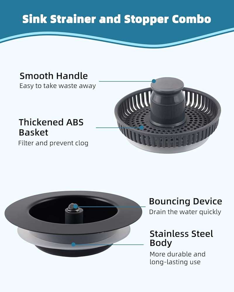 Universal 3 in 1 Kitchen Sink Drain Strainer Stopper Combo, Black Stainless Steel Shell Pop Up Sink Stopper for US Standard 3-1/2 inch Drain Filter, Anti-Clog and Easy Clean, Matte Black - Image 6
