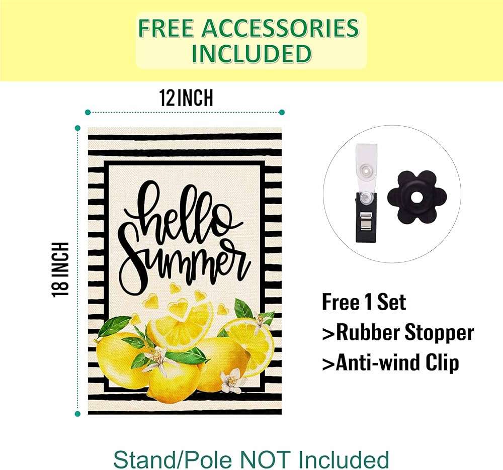 Baccessor Hello Summer Lemon Garden Flag Double Sided Black Stripes Lemon Fruit Cool Summer Yard Flag Seasonal Holiday Outdoor Outside Decoration 12.5x18 Inch - Image 3