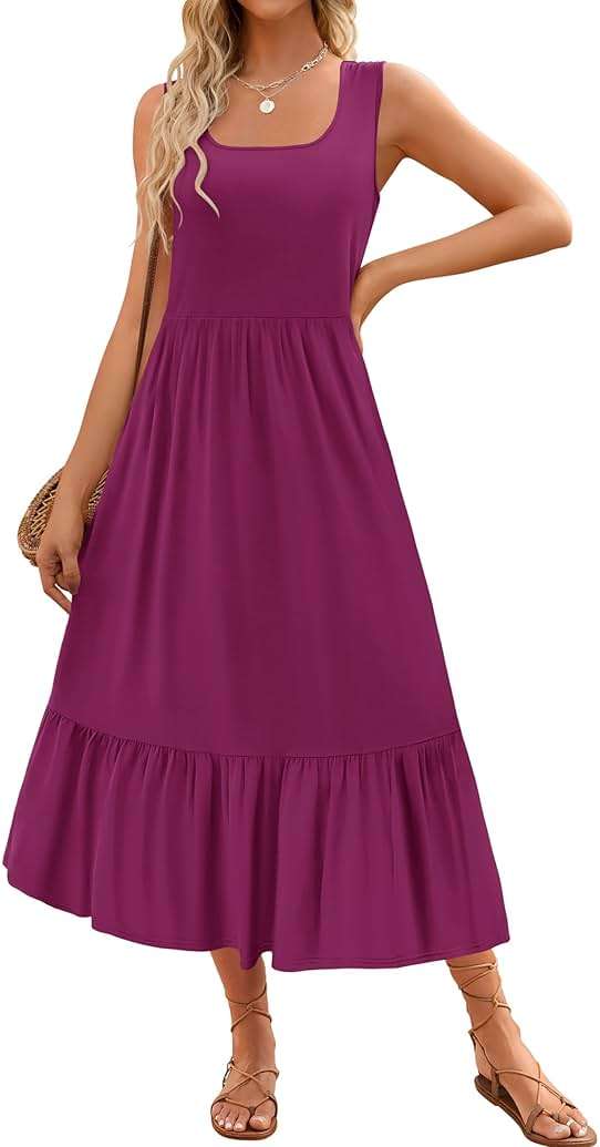 ZESICA Women's 2025 Summer Sleeveless Dress Square Neck Pleated Swing Casual Maxi Dresses with Pockets - Image 1