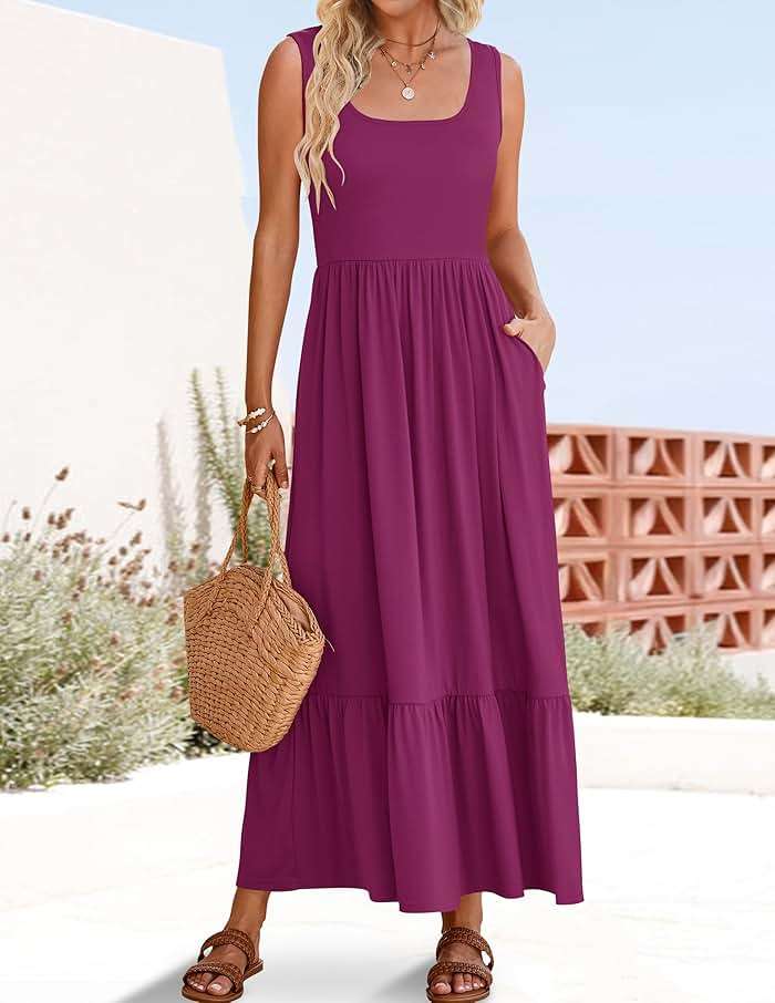 ZESICA Women's 2025 Summer Sleeveless Dress Square Neck Pleated Swing Casual Maxi Dresses with Pockets - Image 2