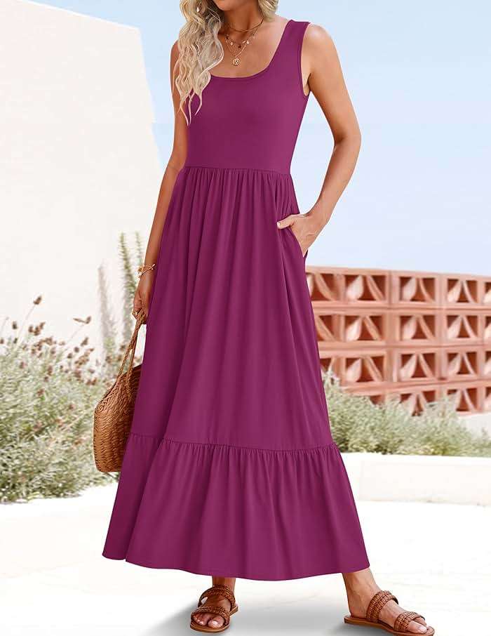 ZESICA Women's 2025 Summer Sleeveless Dress Square Neck Pleated Swing Casual Maxi Dresses with Pockets - Image 3