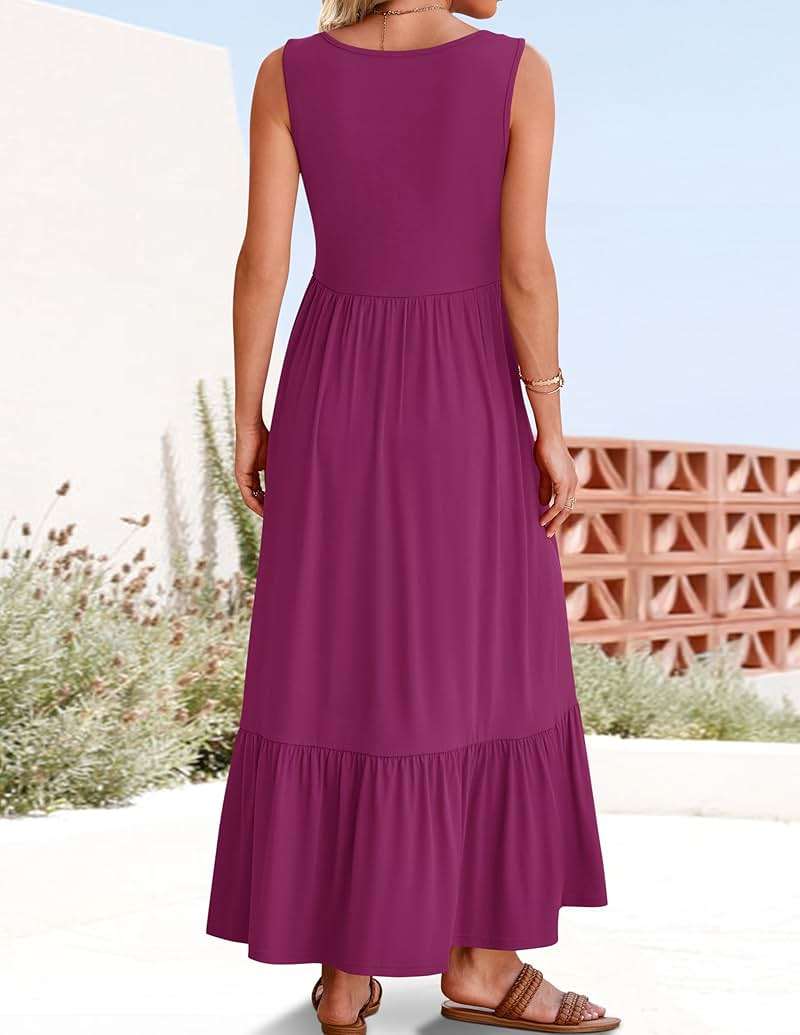 ZESICA Women's 2025 Summer Sleeveless Dress Square Neck Pleated Swing Casual Maxi Dresses with Pockets - Image 4