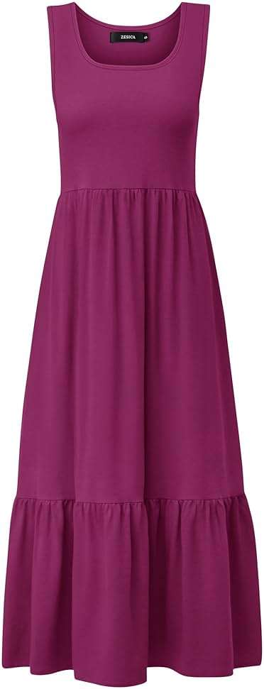 ZESICA Women's 2025 Summer Sleeveless Dress Square Neck Pleated Swing Casual Maxi Dresses with Pockets - Image 6