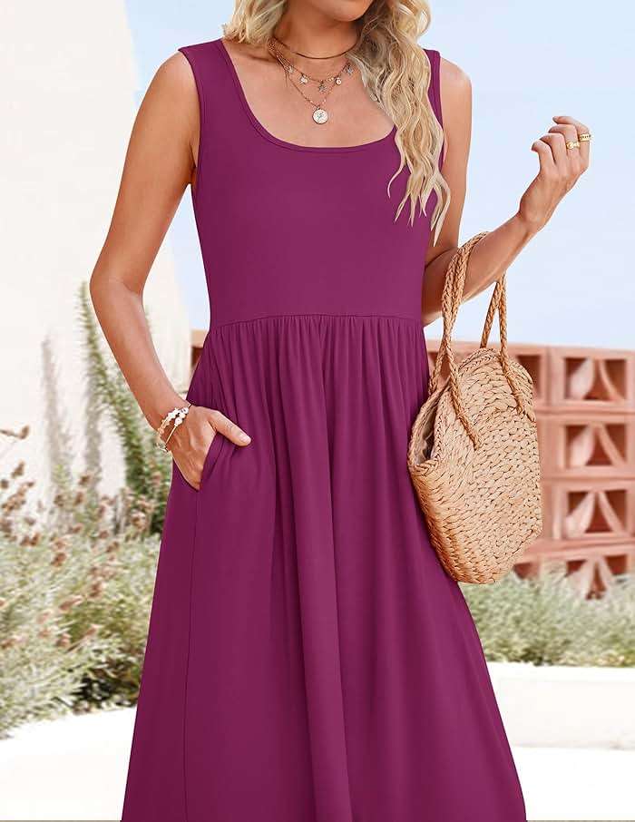 ZESICA Women's 2025 Summer Sleeveless Dress Square Neck Pleated Swing Casual Maxi Dresses with Pockets - Image 7