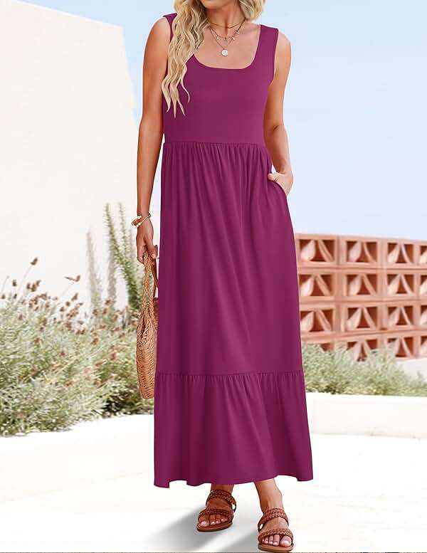 ZESICA Women's 2025 Summer Sleeveless Dress Square Neck Pleated Swing Casual Maxi Dresses with Pockets - Image 9