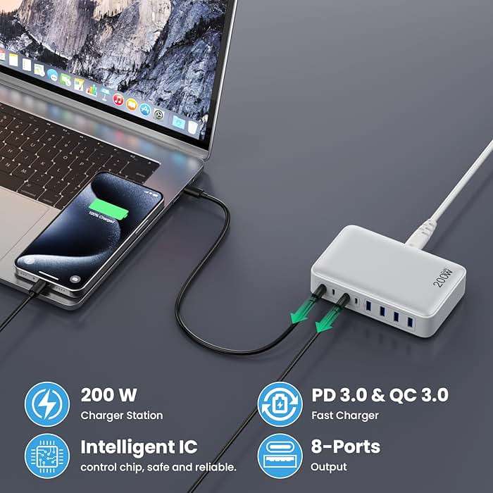 USB C Charger 200W USB C Charger Block,Upgraded GaN III 8-Port Fast Charging Station Hub,PD 65W Laptop Charging Adapter Compatible with MacBook Pro/Air,DELL,Steam Deck,iPhone 16/15/14,Galaxy S23/22 - Image 5