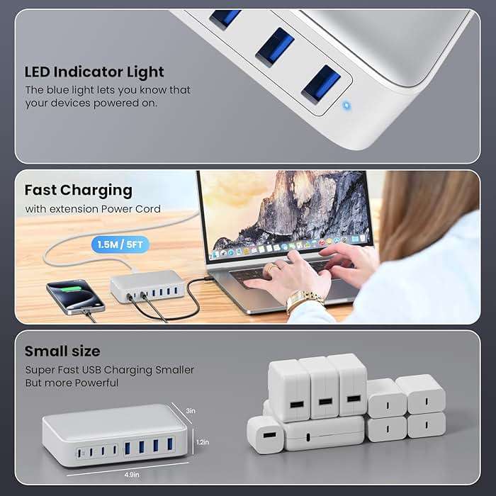 USB C Charger 200W USB C Charger Block,Upgraded GaN III 8-Port Fast Charging Station Hub,PD 65W Laptop Charging Adapter Compatible with MacBook Pro/Air,DELL,Steam Deck,iPhone 16/15/14,Galaxy S23/22 - Image 6