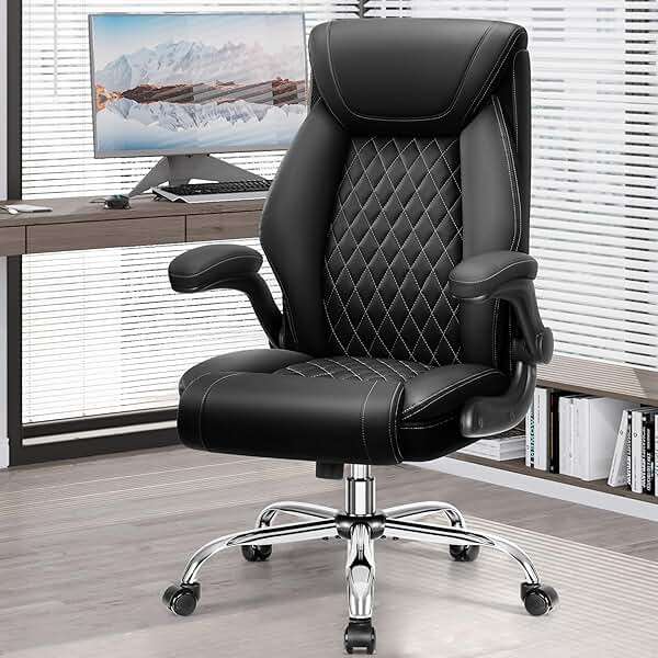 BestGlory Office Chair, Ergonomic High Back Home Office Desk Chair, Big and Tall Breathable Leather Office Chair with Lumbar Support Flip-Up Armrests, Computer Gaming Chair with Rocking Function - Image 1