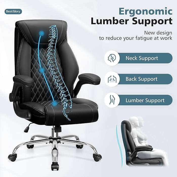 BestGlory Office Chair, Ergonomic High Back Home Office Desk Chair, Big and Tall Breathable Leather Office Chair with Lumbar Support Flip-Up Armrests, Computer Gaming Chair with Rocking Function - Image 3