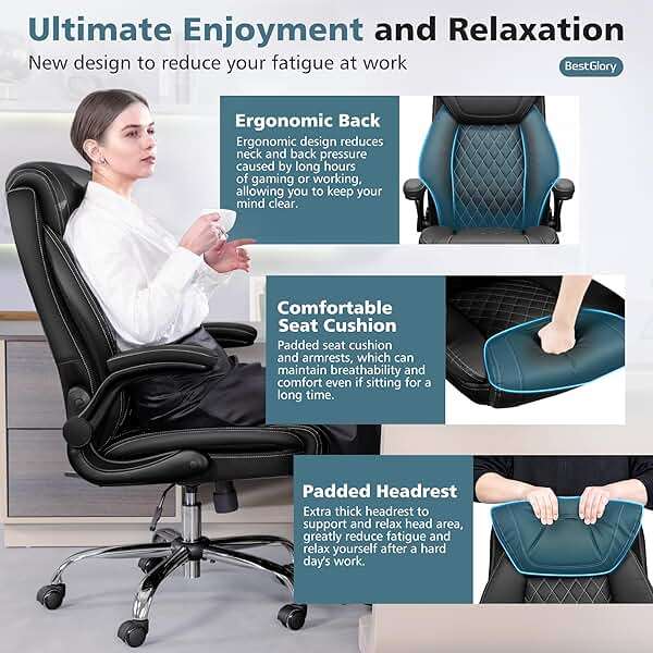BestGlory Office Chair, Ergonomic High Back Home Office Desk Chair, Big and Tall Breathable Leather Office Chair with Lumbar Support Flip-Up Armrests, Computer Gaming Chair with Rocking Function - Image 4