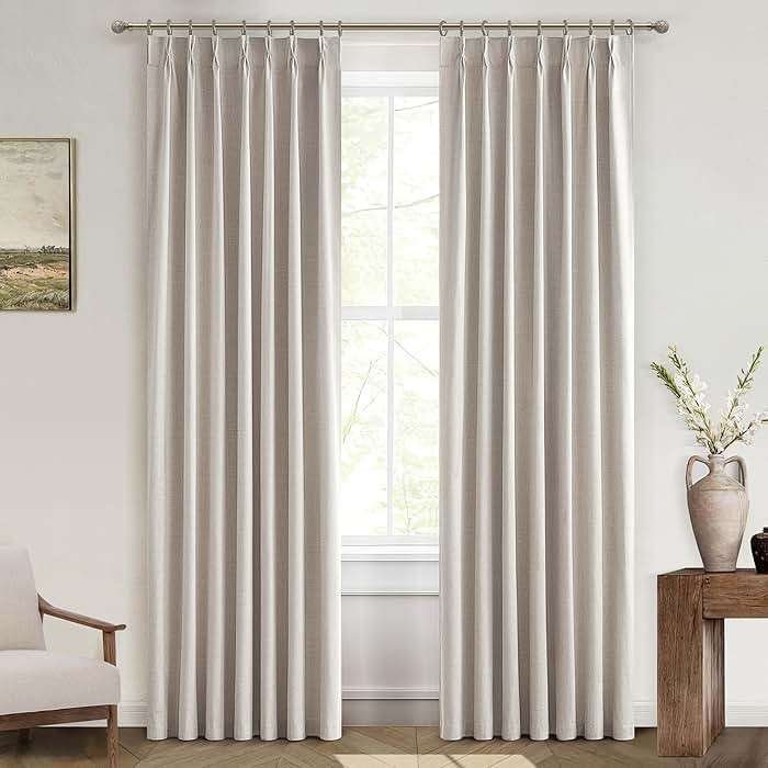 Natural Linen Pinch Pleated Blackout Curtains & Drapes 96 Inch Long Bedroom/Livingroom Farmhouse Curtains 2 Panel Sets, Neutral Track Room Darkening Thermal Insulated 8ft Back Tab Window Curtain - Image 1