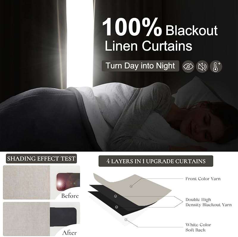 Natural Linen Pinch Pleated Blackout Curtains & Drapes 96 Inch Long Bedroom/Livingroom Farmhouse Curtains 2 Panel Sets, Neutral Track Room Darkening Thermal Insulated 8ft Back Tab Window Curtain - Image 4