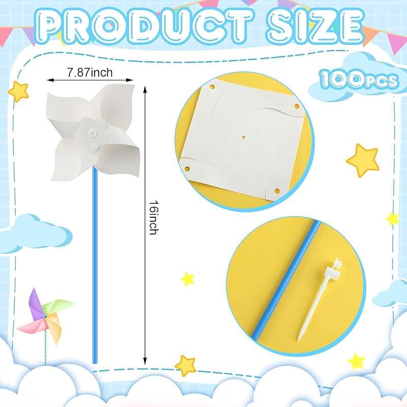 Poen 48 Pcs DIY Pinwheels for Kids Bulk, Color Your Own White Pinwheels Summer Activity Paper Craft Coloring Patriotic Blank Windmills VBS 4th of July Sunday School Party Favor Supplies, 5 Inches - Image 3