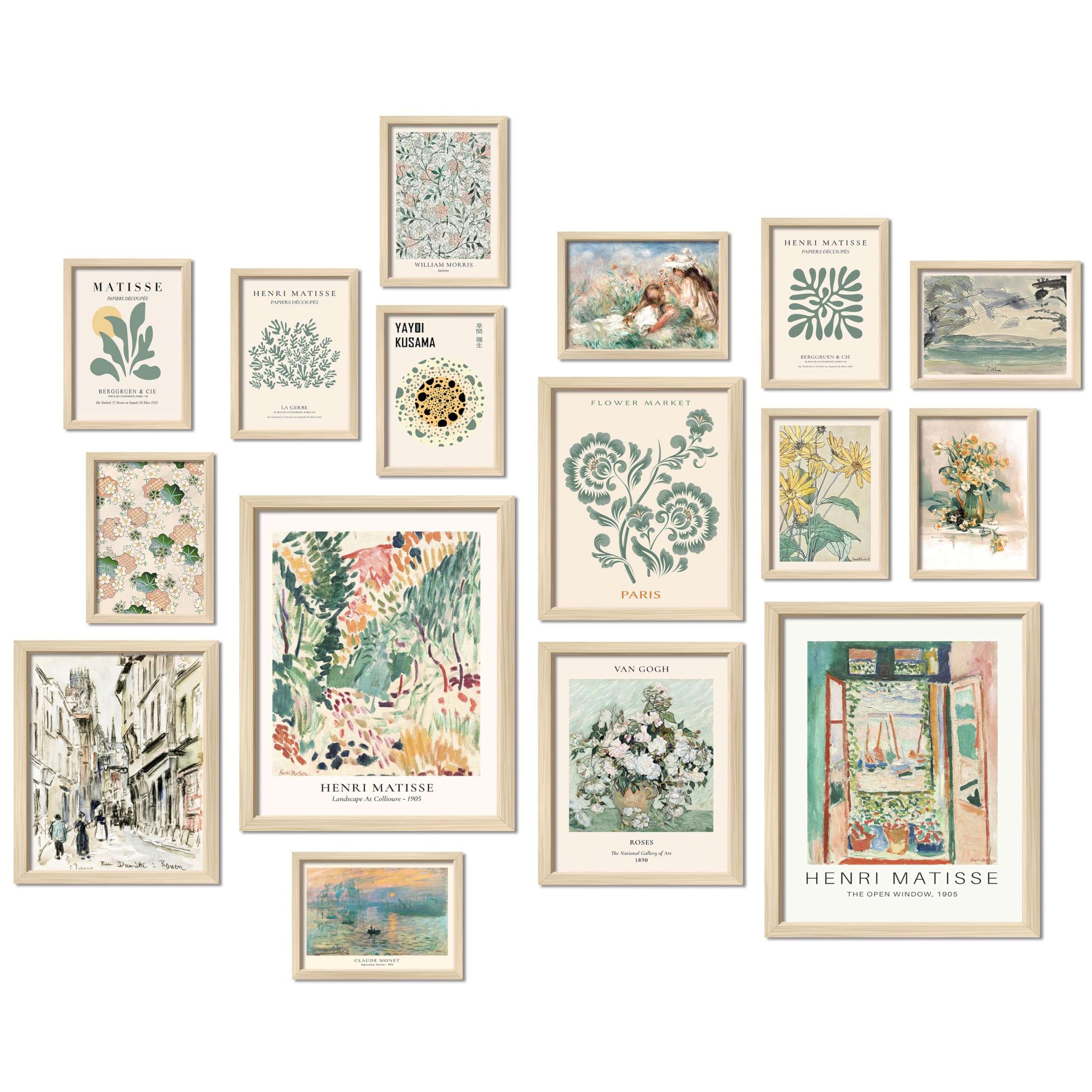 ANERZA 16 PCS Framed Sage Green Wall Art Decor, Matisse Wall Prints for Bedroom, Gallery Wall Frame Set, Abstract Posters for Living Room Aesthetic, Collage Kit Pictures, Boho Dorm Home Decor - Image 1