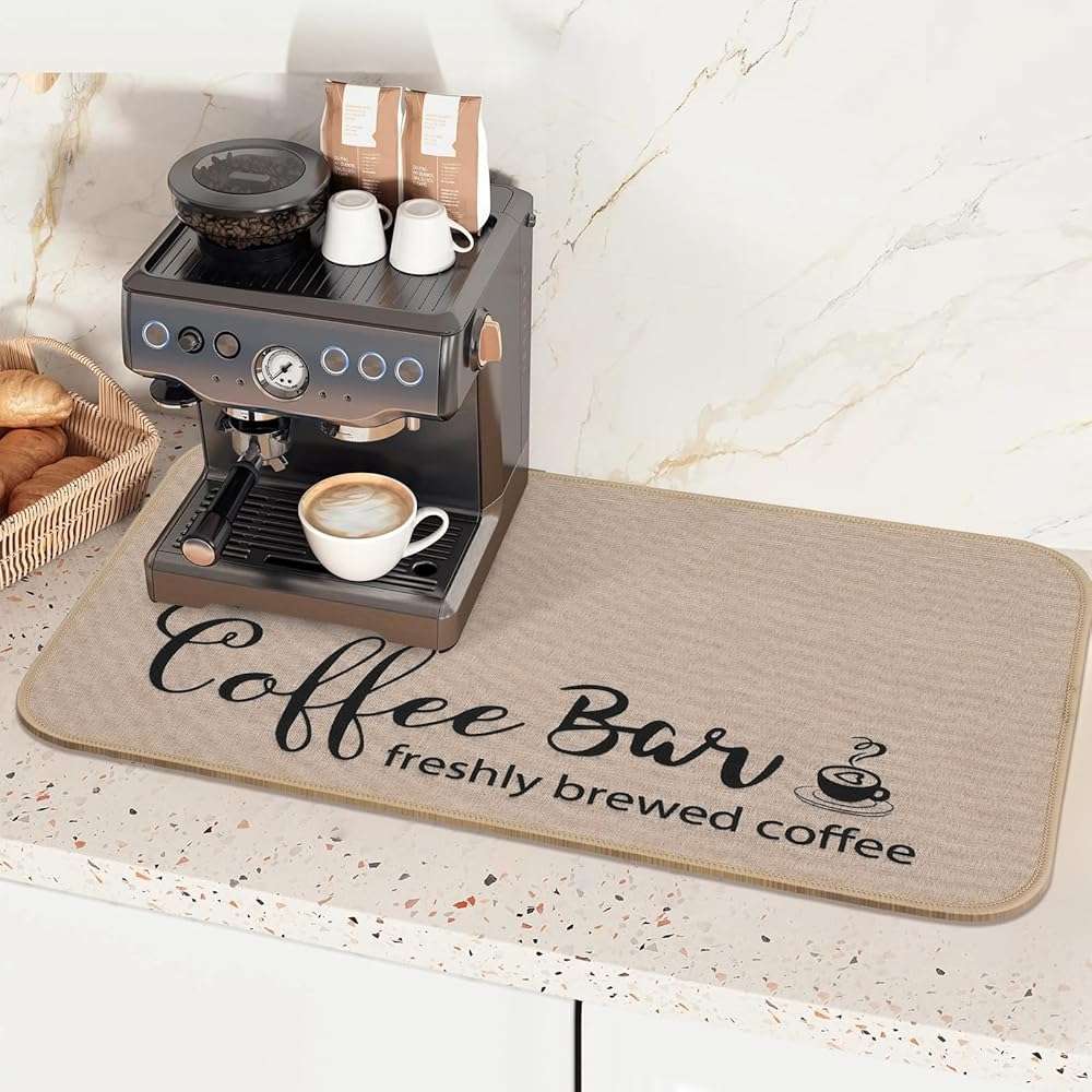 Findosom Dish Drying Mat, 17"x 32" Super Absorbent & Hide Stain Coffee Mat, Cuttable Drying Mat for Kitchen Counter, Coffee Bar Accessories, Under Dish Rack, Coffee Maker, Espresso Machine, Linen - Image 1