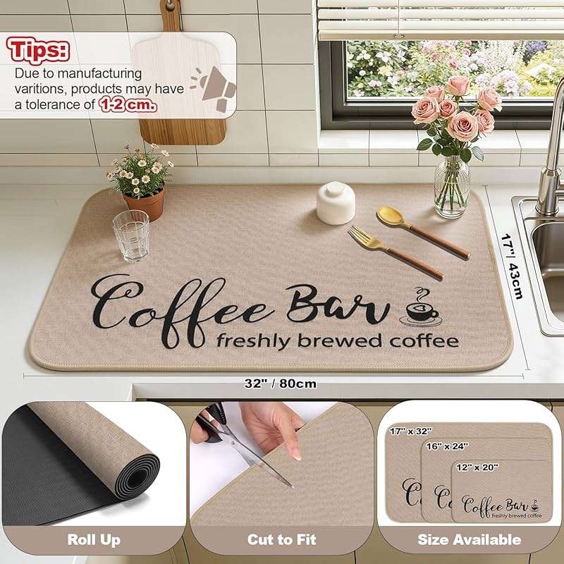 Findosom Dish Drying Mat, 17"x 32" Super Absorbent & Hide Stain Coffee Mat, Cuttable Drying Mat for Kitchen Counter, Coffee Bar Accessories, Under Dish Rack, Coffee Maker, Espresso Machine, Linen - Image 2