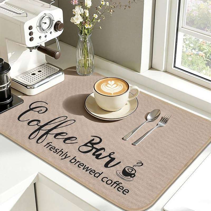 Findosom Dish Drying Mat, 17"x 32" Super Absorbent & Hide Stain Coffee Mat, Cuttable Drying Mat for Kitchen Counter, Coffee Bar Accessories, Under Dish Rack, Coffee Maker, Espresso Machine, Linen - Image 4