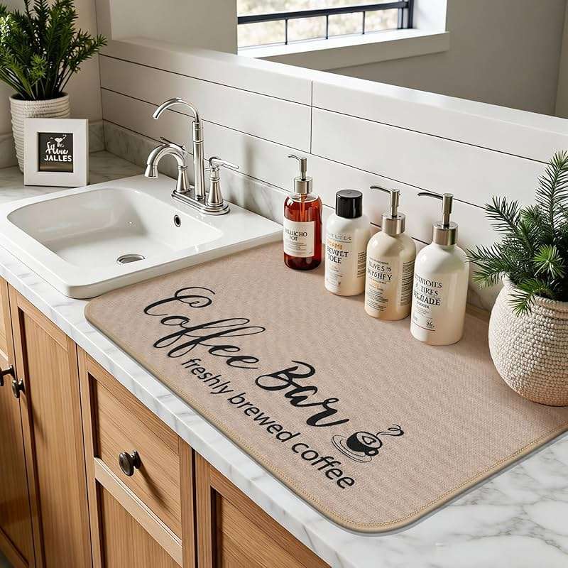 Findosom Dish Drying Mat, 17"x 32" Super Absorbent & Hide Stain Coffee Mat, Cuttable Drying Mat for Kitchen Counter, Coffee Bar Accessories, Under Dish Rack, Coffee Maker, Espresso Machine, Linen - Image 5