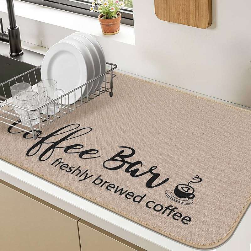 Findosom Dish Drying Mat, 17"x 32" Super Absorbent & Hide Stain Coffee Mat, Cuttable Drying Mat for Kitchen Counter, Coffee Bar Accessories, Under Dish Rack, Coffee Maker, Espresso Machine, Linen - Image 9