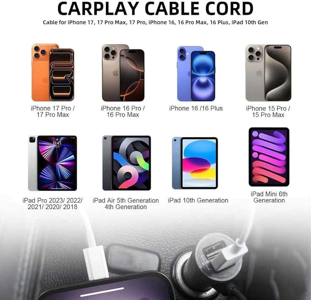 AHDFWI Carplay Cable Cord Compatible with iPhone 16 17 USB A to USB C Cable for 17E 16E 17 Air/17 16 15 Pro Max ，Plus, Pro 12.9/11, 10th Gen, Air 5th/ 4th,Mini 6th Charger Car Charging Cable White - Image 2