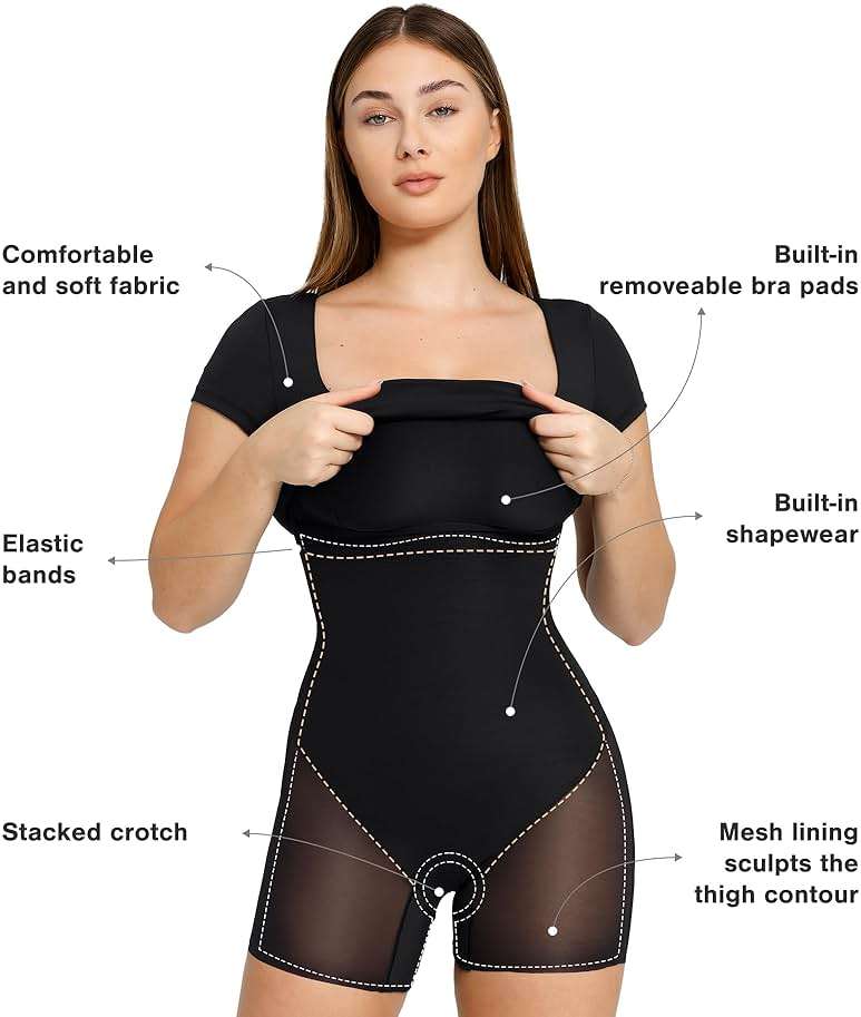 Popilush Summer Cocktail Midi Dresses for Women Shapewear Bodycon Short Sleeve Square Neck Dress - Image 3