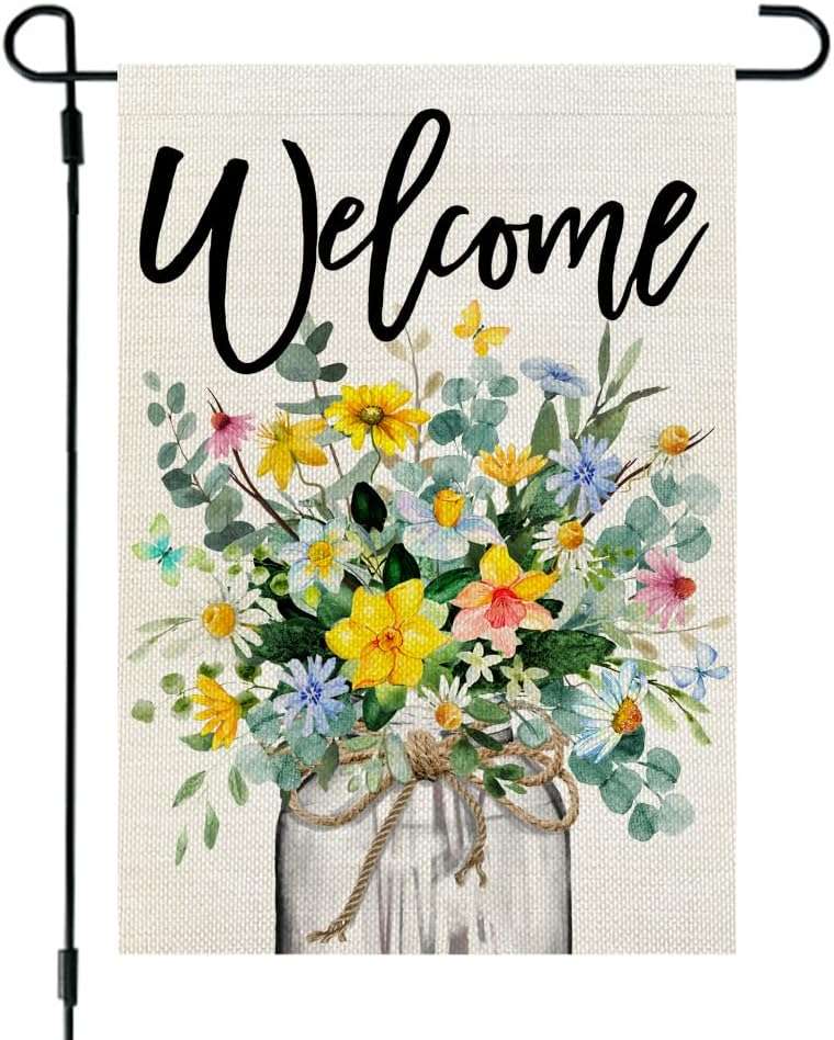 CROWNED BEAUTY Spring Floral Garden Flag Mason Jar 12x18 Inch Double Sided Small Burlap Seasonal Holiday Flag for Outside Yard Welcome CF1377-12 - Image 1