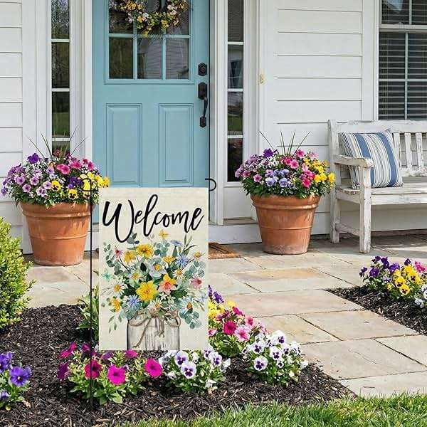 CROWNED BEAUTY Spring Floral Garden Flag Mason Jar 12x18 Inch Double Sided Small Burlap Seasonal Holiday Flag for Outside Yard Welcome CF1377-12 - Image 2