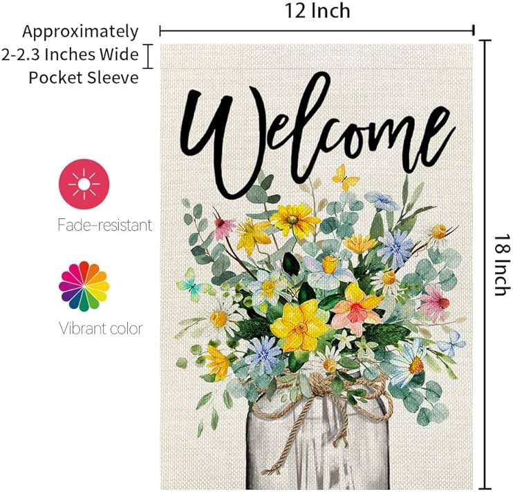 CROWNED BEAUTY Spring Floral Garden Flag Mason Jar 12x18 Inch Double Sided Small Burlap Seasonal Holiday Flag for Outside Yard Welcome CF1377-12 - Image 3