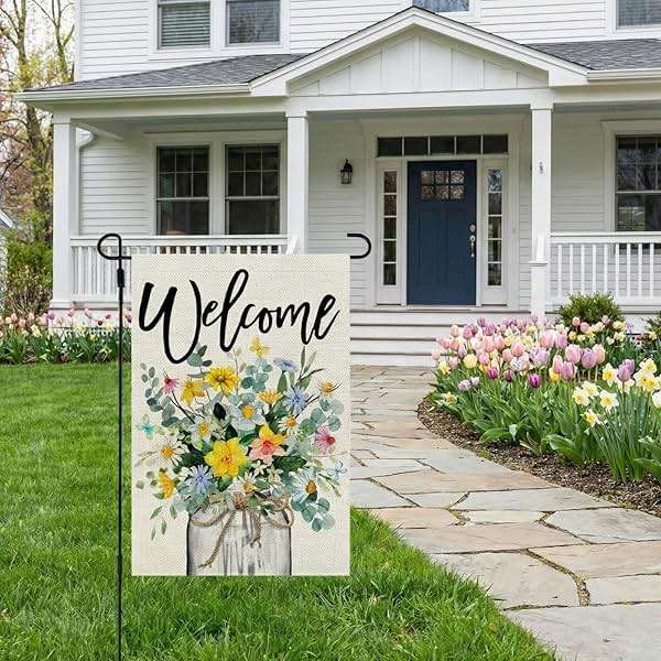 CROWNED BEAUTY Spring Floral Garden Flag Mason Jar 12x18 Inch Double Sided Small Burlap Seasonal Holiday Flag for Outside Yard Welcome CF1377-12 - Image 4