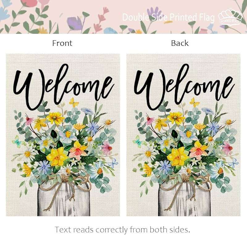 CROWNED BEAUTY Spring Floral Garden Flag Mason Jar 12x18 Inch Double Sided Small Burlap Seasonal Holiday Flag for Outside Yard Welcome CF1377-12 - Image 6