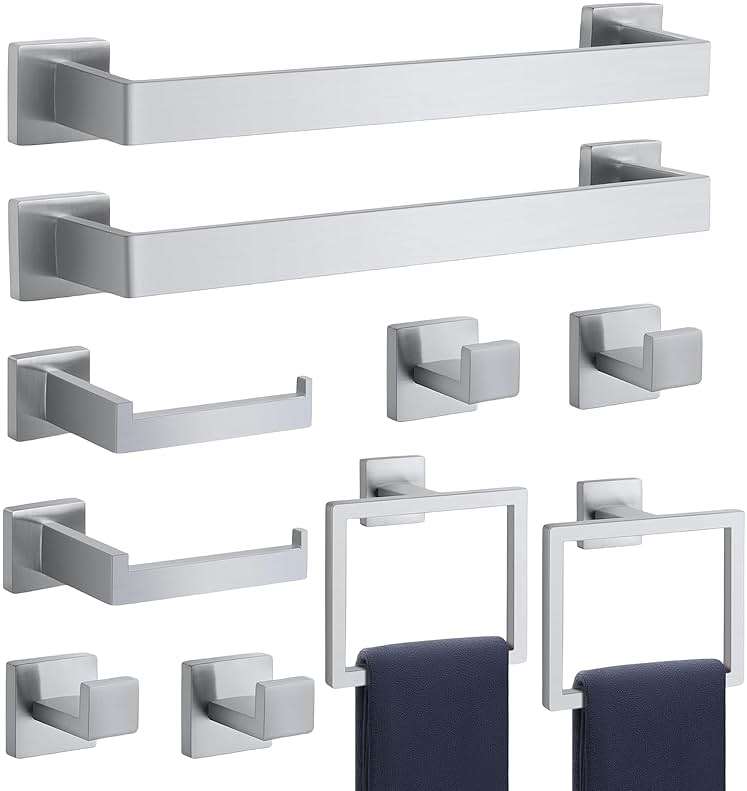 Bathroom Accessories Towel Bar Set: 10 Pieces Brushed Nickel Square Bathroom Hardware SUS304 Stainless Steel - Wall Mounted Towel Rack&Toilet Paper Holder&Towel Ring and Towel Hook - Image 1