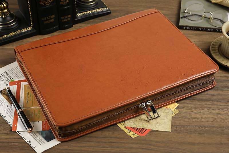 Brown Leather Padfolio for Women/Men, Business Leather Binder 3 Ring Portfolio, Personalized Leather Portfolio Binder, Zippered Portfolio Organizer for A4 Notepad & 13-inch Laptop/Tablet - Image 2