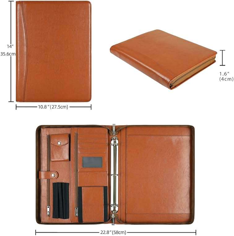 Brown Leather Padfolio for Women/Men, Business Leather Binder 3 Ring Portfolio, Personalized Leather Portfolio Binder, Zippered Portfolio Organizer for A4 Notepad & 13-inch Laptop/Tablet - Image 3