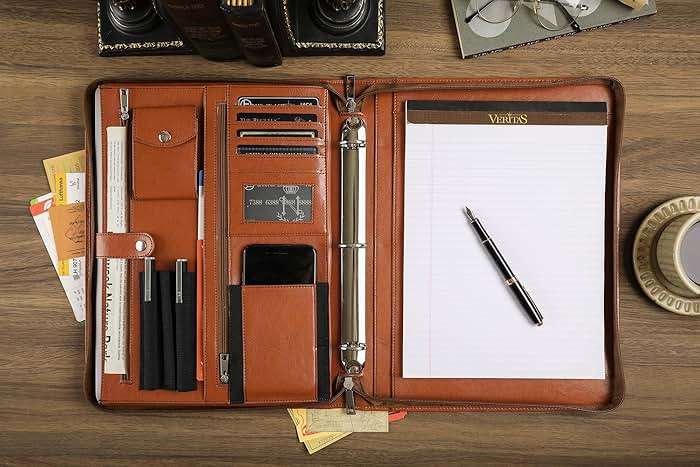 Brown Leather Padfolio for Women/Men, Business Leather Binder 3 Ring Portfolio, Personalized Leather Portfolio Binder, Zippered Portfolio Organizer for A4 Notepad & 13-inch Laptop/Tablet - Image 6