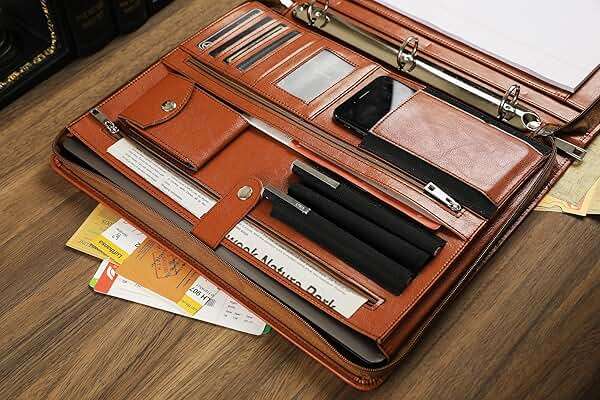 Brown Leather Padfolio for Women/Men, Business Leather Binder 3 Ring Portfolio, Personalized Leather Portfolio Binder, Zippered Portfolio Organizer for A4 Notepad & 13-inch Laptop/Tablet - Image 7