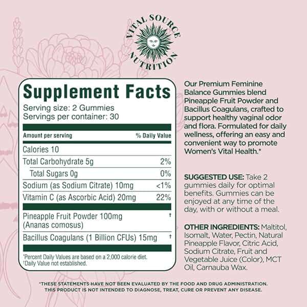 Vital Source Nutrition Vaginal Probiotic Gummies for Women - pH Balance and Immune Defense, Support Healthy Odor and Vaginal Flora - Vegan, Gluten-Free - Hawaiian Pineapple - 60 Gummies - 30 Servings - Image 4
