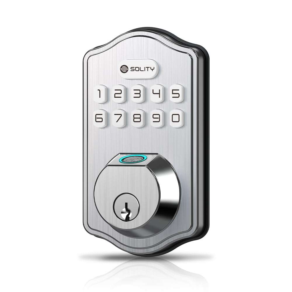 Solity Smart Digital Electronic Deadbolt Door Lock, Keyless Entry, Auto Lock, 50 Custom Codes & Fingerprints, Easy Installation, Keypad for Front & Back Door, AT10 (Satin Nickel) - Image 1
