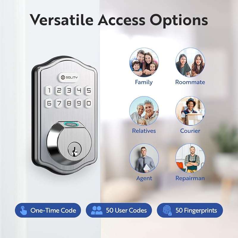 Solity Smart Digital Electronic Deadbolt Door Lock, Keyless Entry, Auto Lock, 50 Custom Codes & Fingerprints, Easy Installation, Keypad for Front & Back Door, AT10 (Satin Nickel) - Image 4