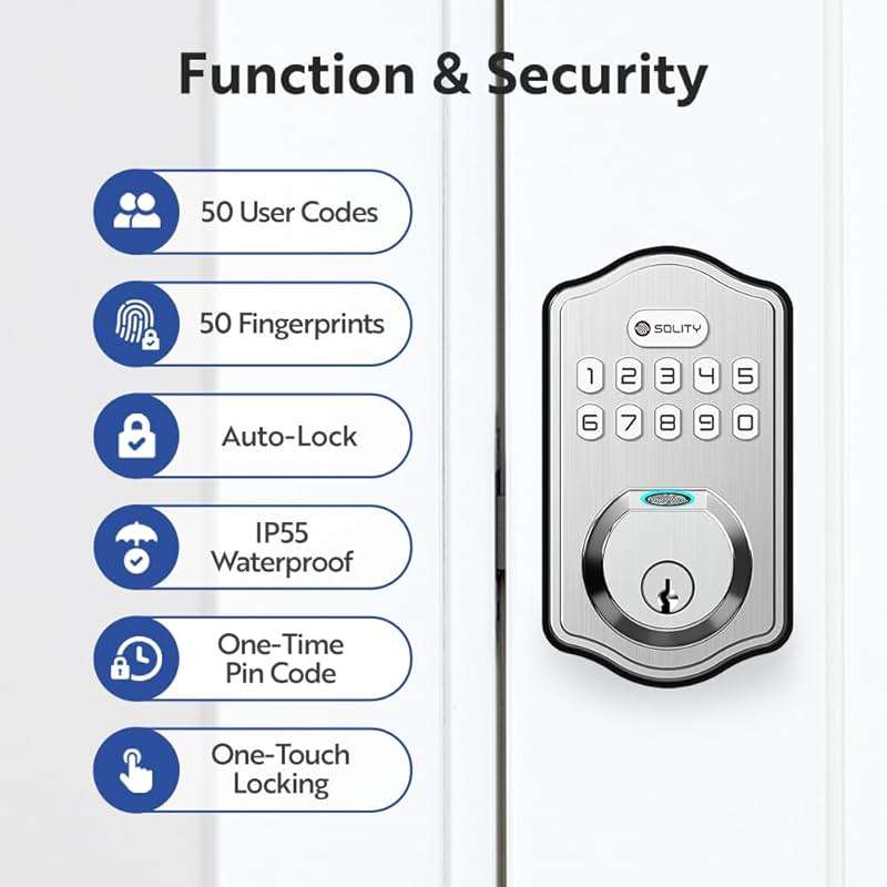 Solity Smart Digital Electronic Deadbolt Door Lock, Keyless Entry, Auto Lock, 50 Custom Codes & Fingerprints, Easy Installation, Keypad for Front & Back Door, AT10 (Satin Nickel) - Image 6