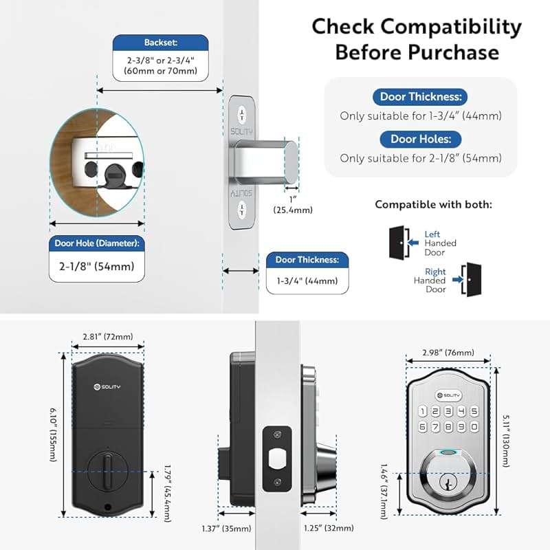 Solity Smart Digital Electronic Deadbolt Door Lock, Keyless Entry, Auto Lock, 50 Custom Codes & Fingerprints, Easy Installation, Keypad for Front & Back Door, AT10 (Satin Nickel) - Image 7