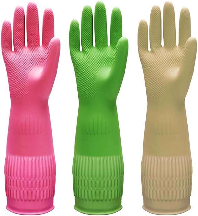 Bamllum 3 Pairs of Rubber Dishwashing Gloves for Kitchen and Household Cleaning – Long Cuff 15", Reusable, Flexible Long-lasting and Non-Slip (Red+Yellow+Green, Large) - Image 1