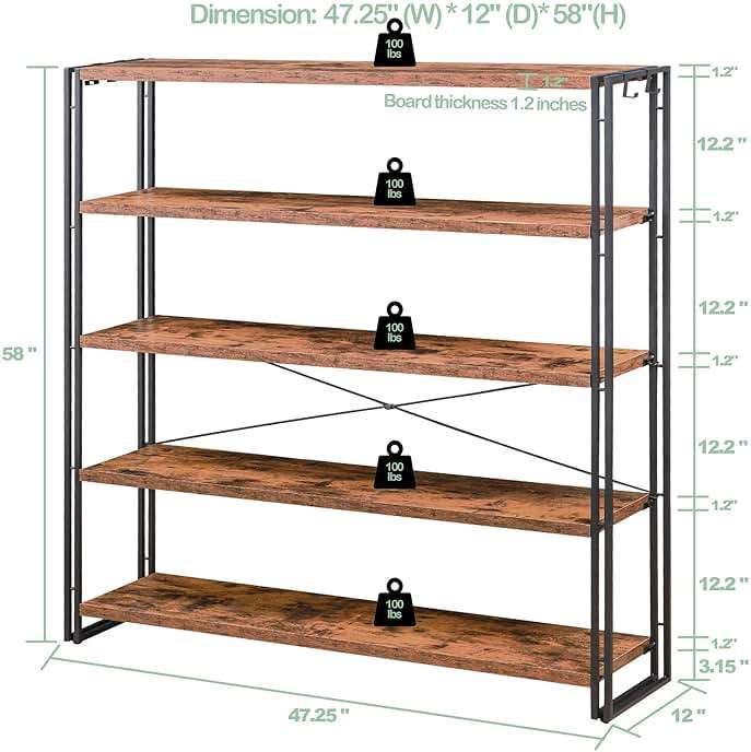 HCHQHS Bookshelf, 5-Tier Industrial Bookcase, Rustic Open Book Shelf, Freestanding Tall Bookshelves with Metal Frame - Image 3